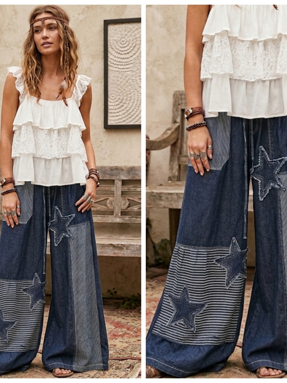 Boho Wide-Leg Star Patch Jeans